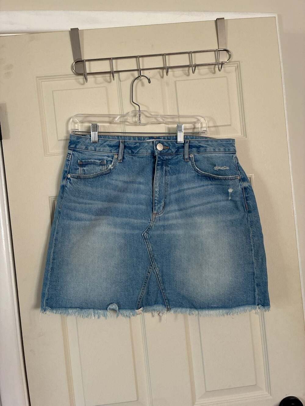 LOFT Denim Mini Skirt Size 12 Light Wash Distressed Raw Hem